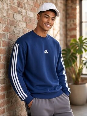 Adidas Essentials Fleece 3-Stripes Sweatshirt Dark Blue/White Men’s LARGE 🖤NWT✨